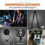 VEVOR USB Microphone, 192kHz 24-bit, Professional Condenser Microphone Kit, With Boom Arm Stand Filter Shock Mount Mute Button Headphones Jack, For Podcast Recording Video Gaming Singing Streaming