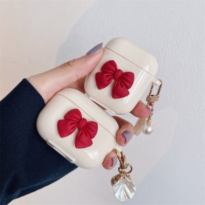 Beige rode strik schelp hanger draadloze oortelefoonhoes