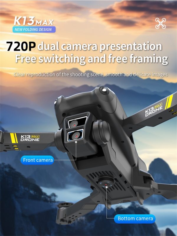 TheK13 Smart Camera Drone With 2 Batteries Features Real-time Image Transmission From A Single Camera. It Has One-click Touch And Landing Functions. This Is A Foldable Remote-controlled Drone Toy, Ma